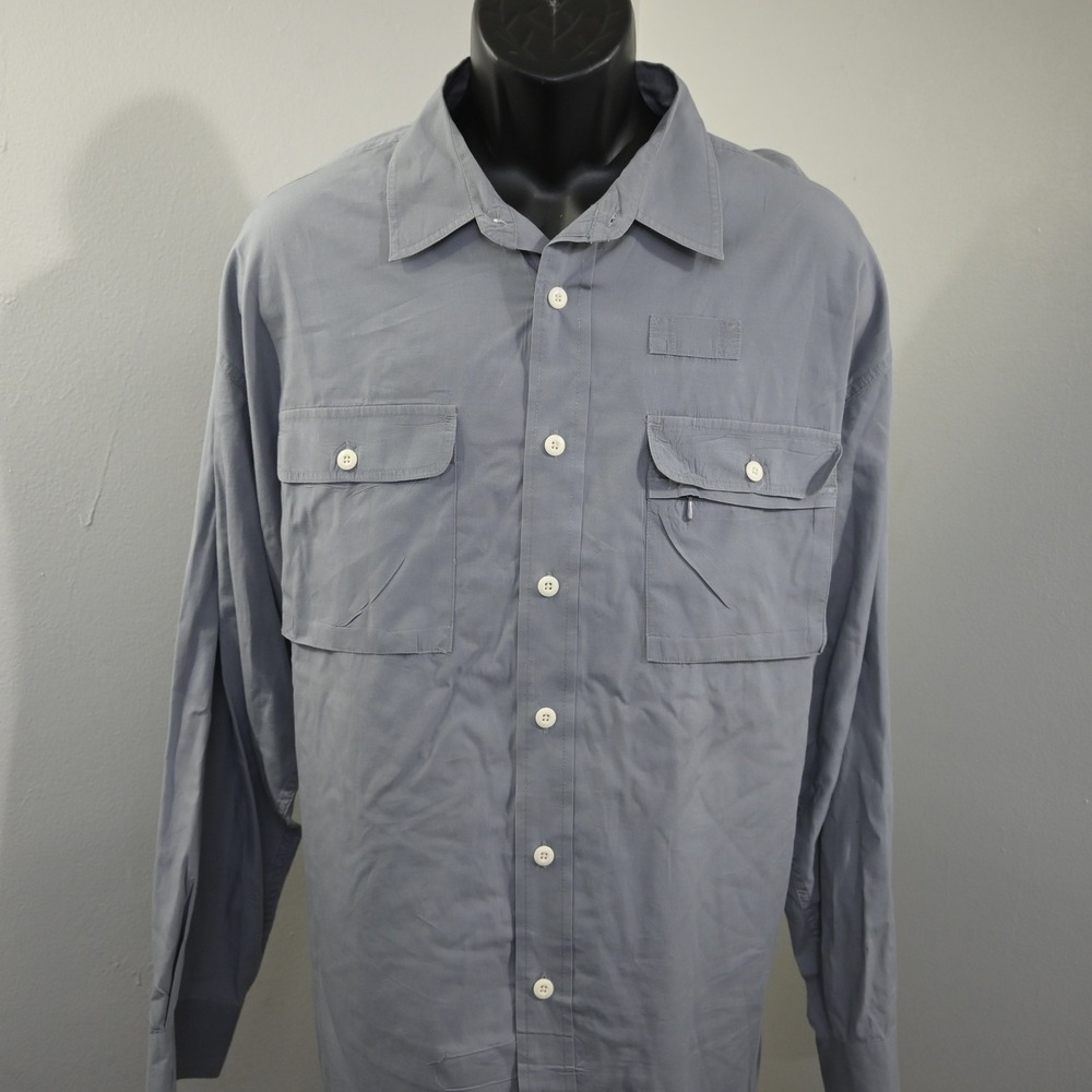 Vintage Orvis Fishing Shirt Mens 2XL Gray Button Up Long Sleeve Pockets Cotton